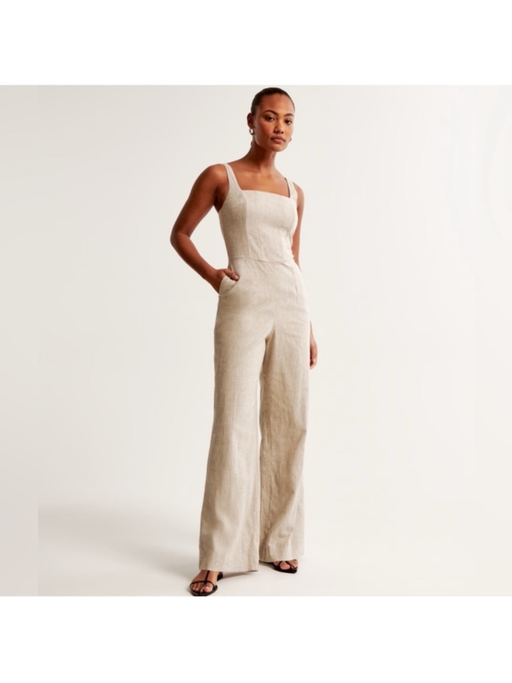 Abercrombie & Fitch Black Linen Jumpsuit with Square Neckline